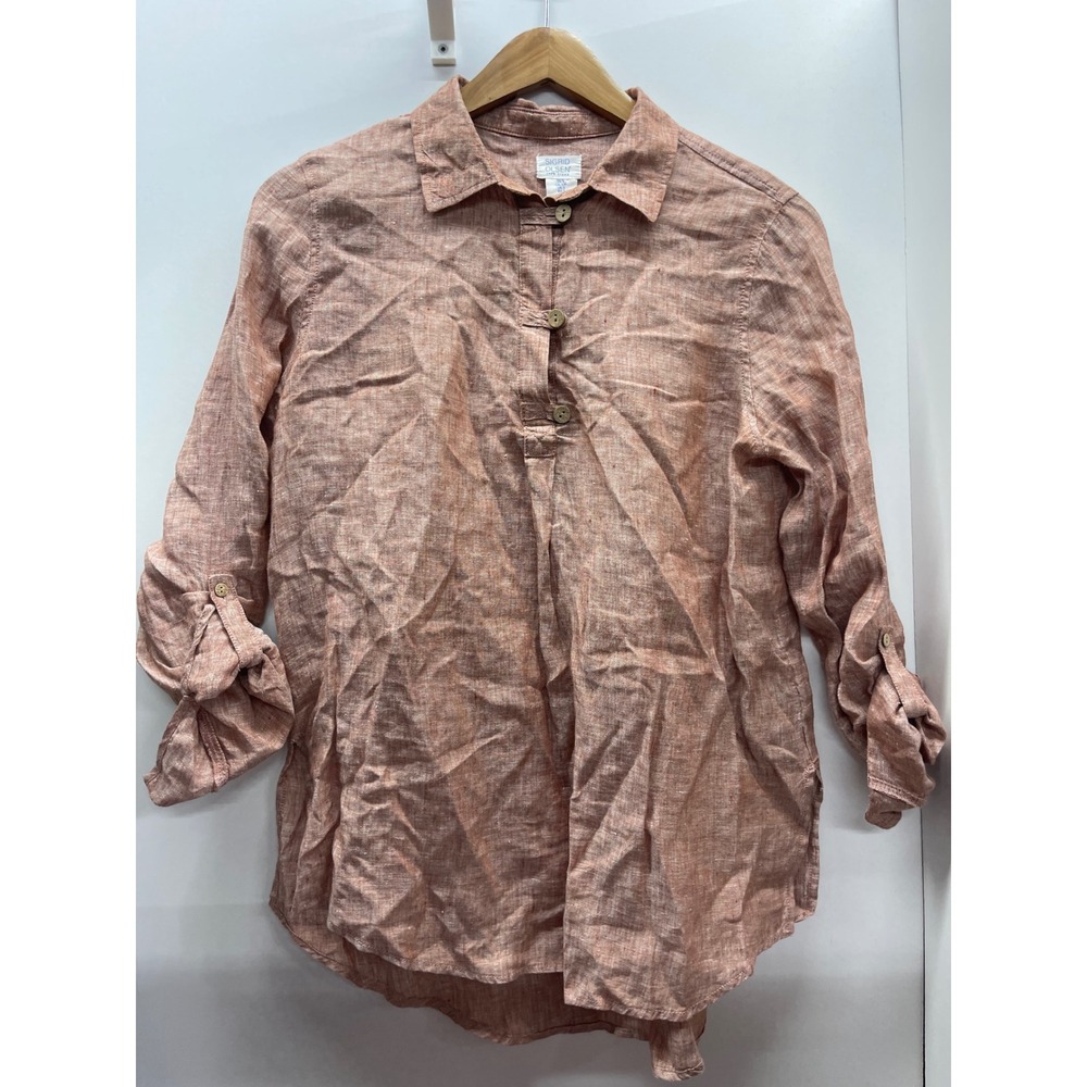 Sigrid Olsen Women 100% Linen Tunic Top Terracotta Roll Tab Sleeve Small